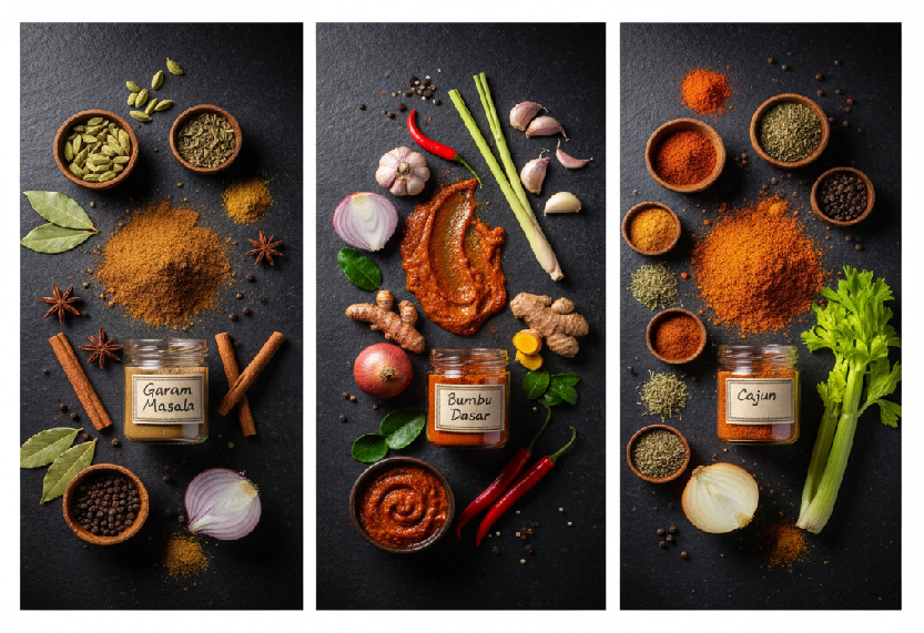 Tak Perlu Beli Lagi! Kuasai Teknik Buat & Simpan Tiga Gabungan Rempah (Garam Masala, Bumbu Dasar & Cajun) Sendiri di Rumah